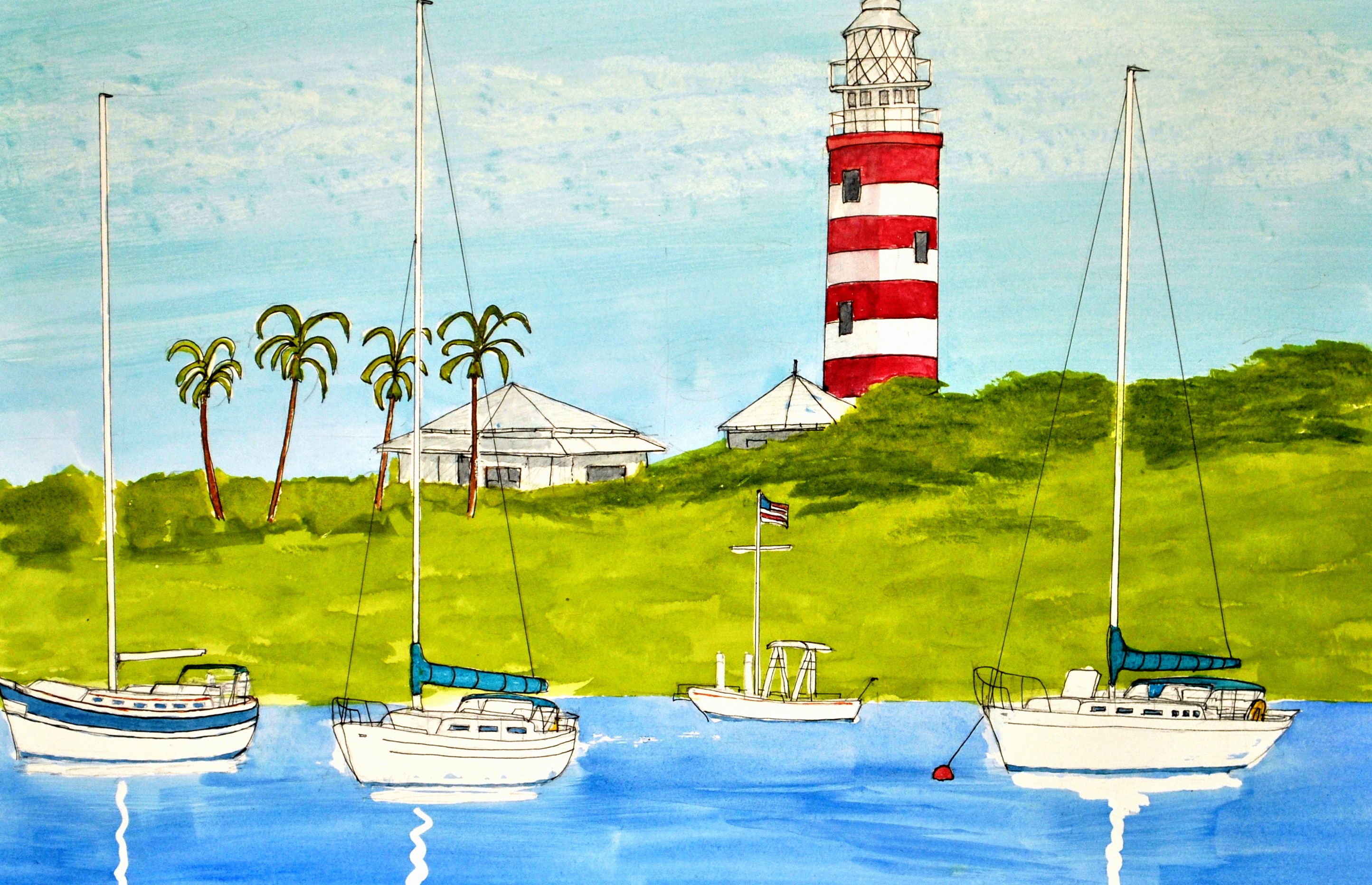 Watercolor of a red and white striped Florida lighthouse with sailboats moored in front and palm trees on a green hillside